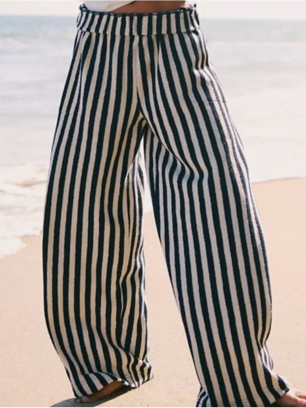 Free People Navy and Cream Striped Knit Crop Top